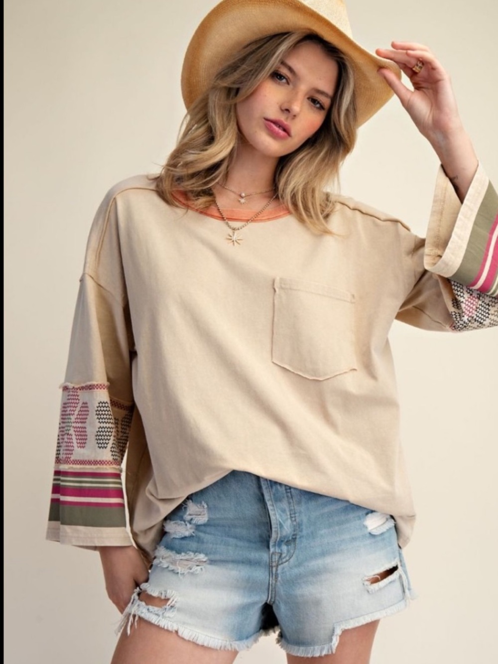 easel Neutral Beige Pullover with Patterned Bell Sleeves